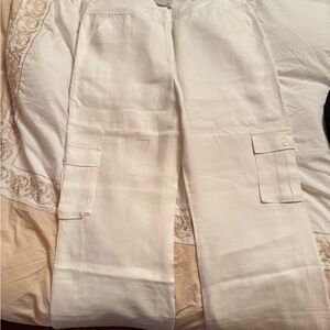 Neiman Marcus Cream Linen Cargo Trousers